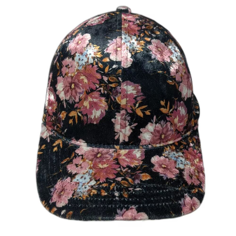 Time and Tru Baseball Cap Black Pink Floral Velvet Hat Strapback Adjustable OS